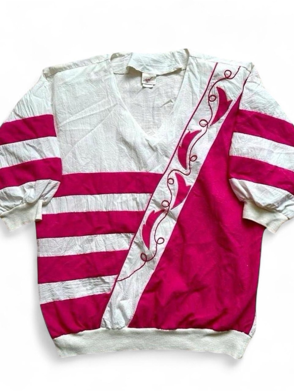 Vintage 1980s White and Magenta V-Neck windbreaker Shirt L